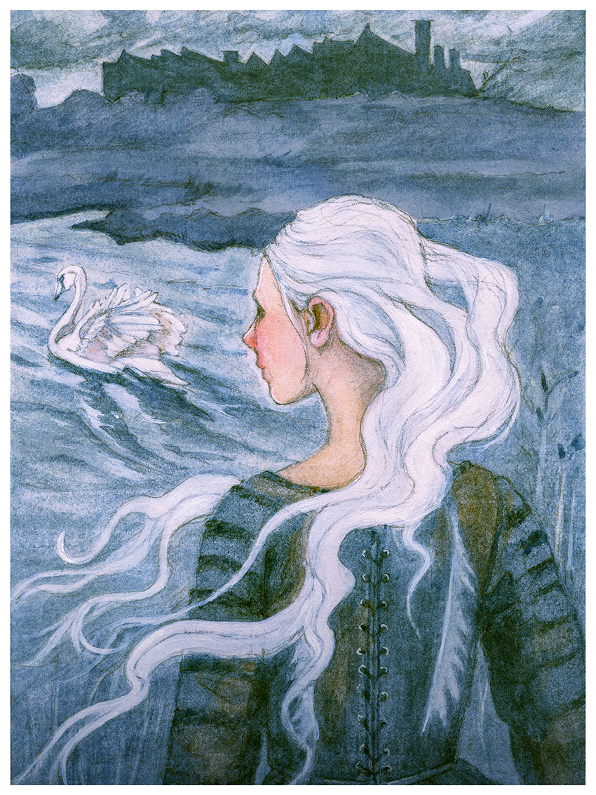 Girl looking at a swan across a lake with a town on the horizon
