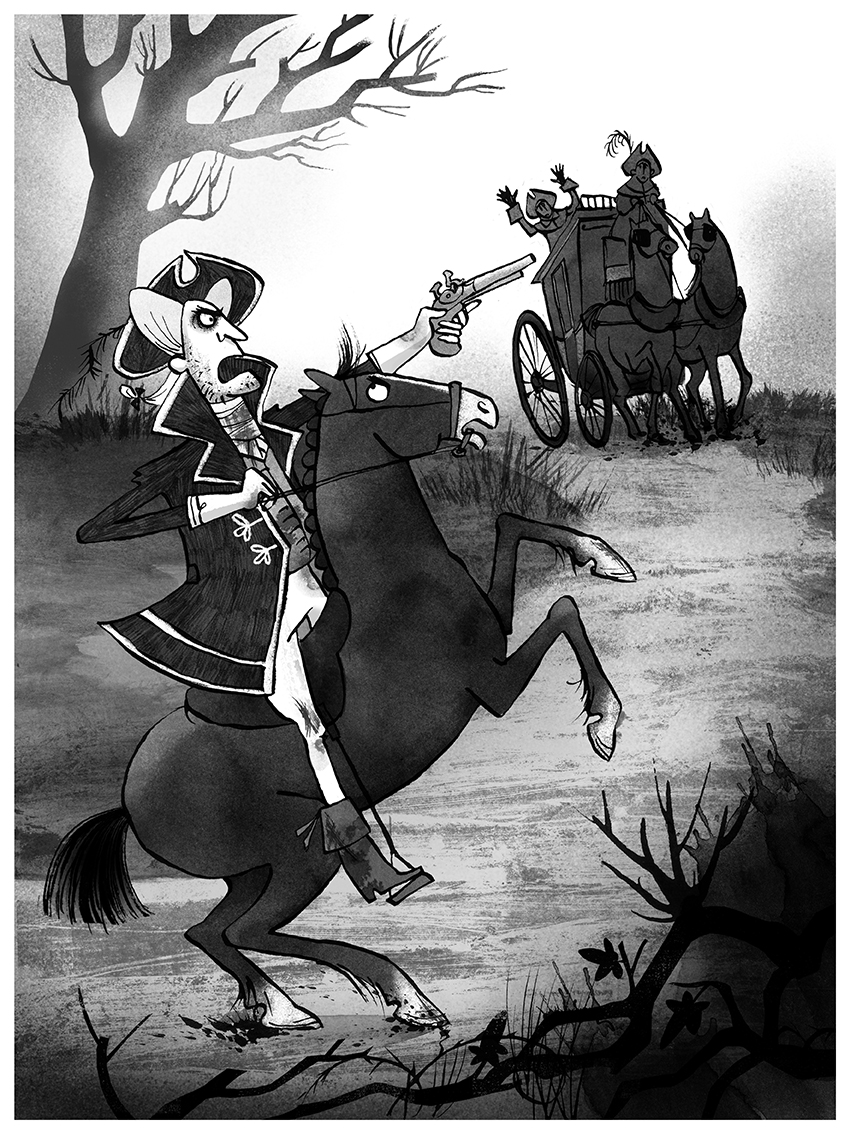 Highwayman on a horse stopping a coach and horses